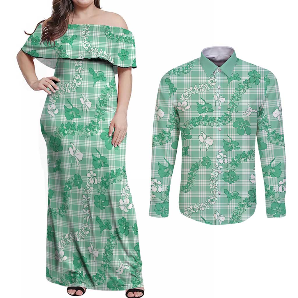 Omaomao Aloha Hawaii Couples Matching Off Shoulder Maxi Dress and Long Sleeve Button Shirt Plumeria Lei With Palaka Motif LT14 Green - Polynesian Pride