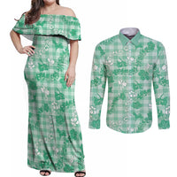 Omaomao Aloha Hawaii Couples Matching Off Shoulder Maxi Dress and Long Sleeve Button Shirt Plumeria Lei With Palaka Motif LT14 Green - Polynesian Pride