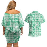 Omaomao Aloha Hawaii Couples Matching Off Shoulder Short Dress and Hawaiian Shirt Plumeria Lei With Palaka Motif LT14 - Polynesian Pride