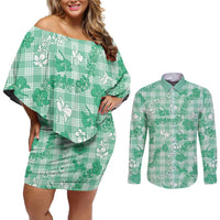 Omaomao Aloha Hawaii Couples Matching Off Shoulder Short Dress and Long Sleeve Button Shirt Plumeria Lei With Palaka Motif LT14 Green - Polynesian Pride