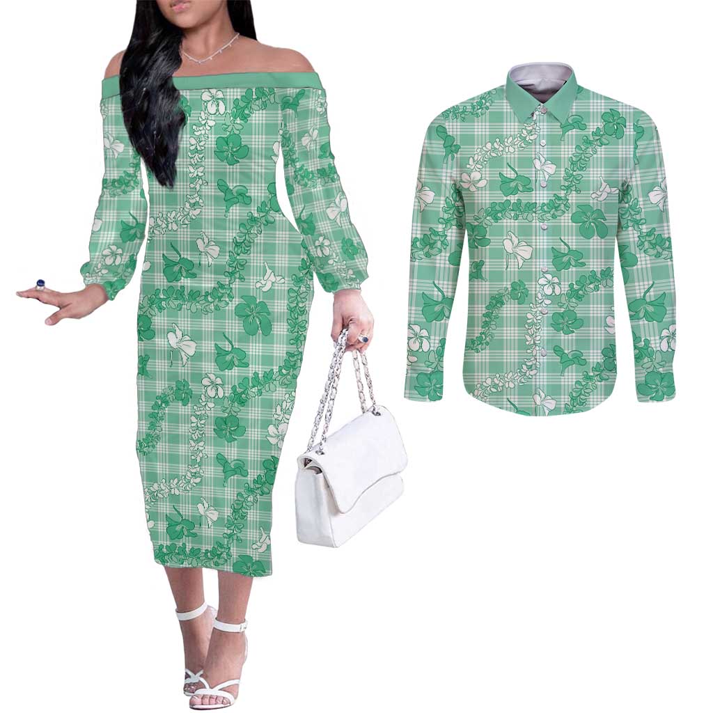 Omaomao Aloha Hawaii Couples Matching Off The Shoulder Long Sleeve Dress and Long Sleeve Button Shirt Plumeria Lei With Palaka Motif LT14 Green - Polynesian Pride