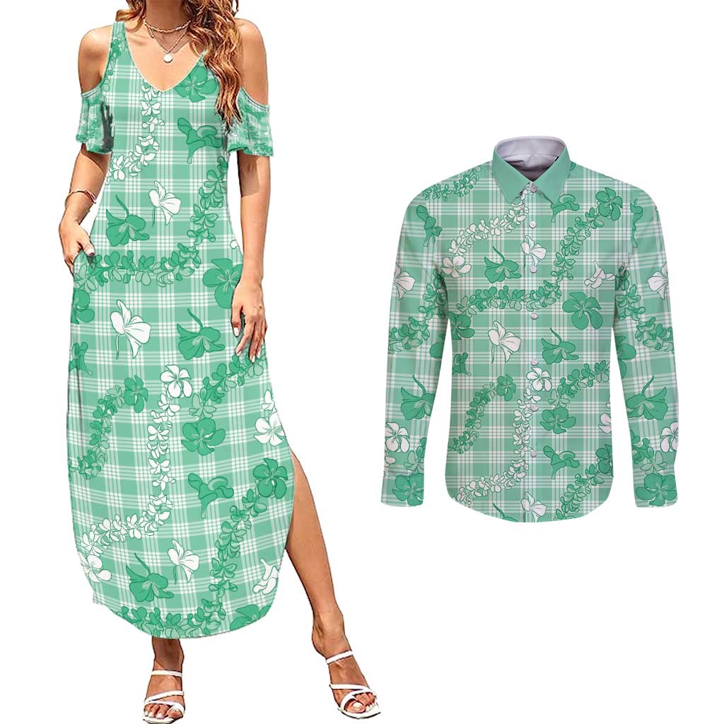 Omaomao Aloha Hawaii Couples Matching Summer Maxi Dress and Long Sleeve Button Shirt Plumeria Lei With Palaka Motif LT14 Green - Polynesian Pride