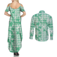 Omaomao Aloha Hawaii Couples Matching Summer Maxi Dress and Long Sleeve Button Shirt Plumeria Lei With Palaka Motif LT14 - Polynesian Pride