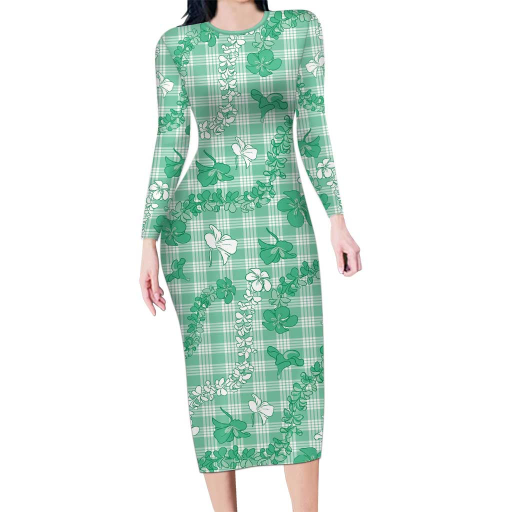 Omaomao Aloha Hawaii Family Matching Long Sleeve Bodycon Dress and Hawaiian Shirt Plumeria Lei With Palaka Motif LT14 Mom's Dress Green - Polynesian Pride