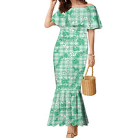 Omaomao Aloha Hawaii Family Matching Mermaid Dress and Hawaiian Shirt Plumeria Lei With Palaka Motif LT14 Mom's Dress Green - Polynesian Pride