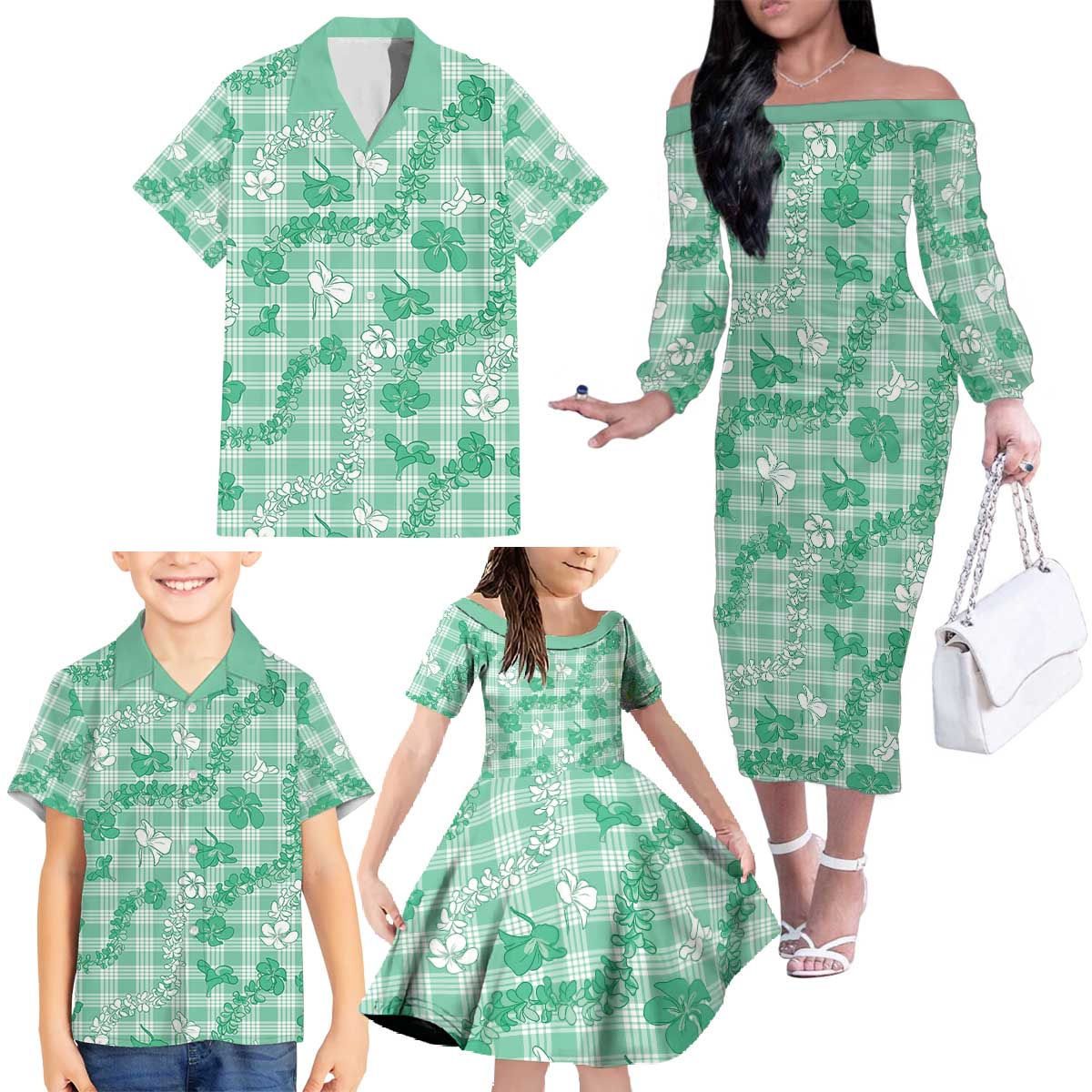 Omaomao Aloha Hawaii Family Matching Off The Shoulder Long Sleeve Dress and Hawaiian Shirt Plumeria Lei With Palaka Motif - Polynesian Pride