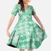 Omaomao Aloha Hawaii Family Matching Off Shoulder Maxi Dress and Hawaiian Shirt Plumeria Lei With Palaka Motif LT14 Daughter's Dress Green - Polynesian Pride