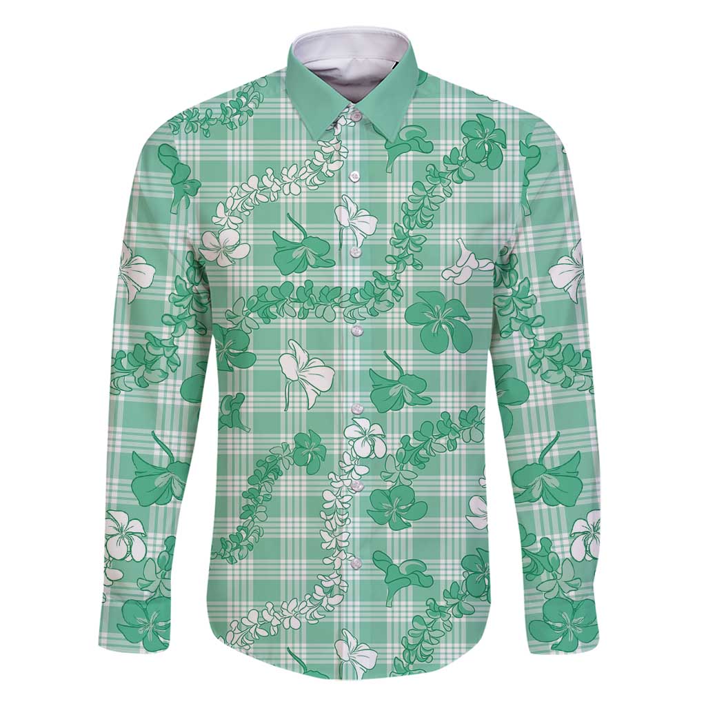 Omaomao Aloha Hawaii Family Matching Off Shoulder Maxi Dress and Hawaiian Shirt Plumeria Lei With Palaka Motif LT14 Dad's Shirt - Long Sleeve Green - Polynesian Pride