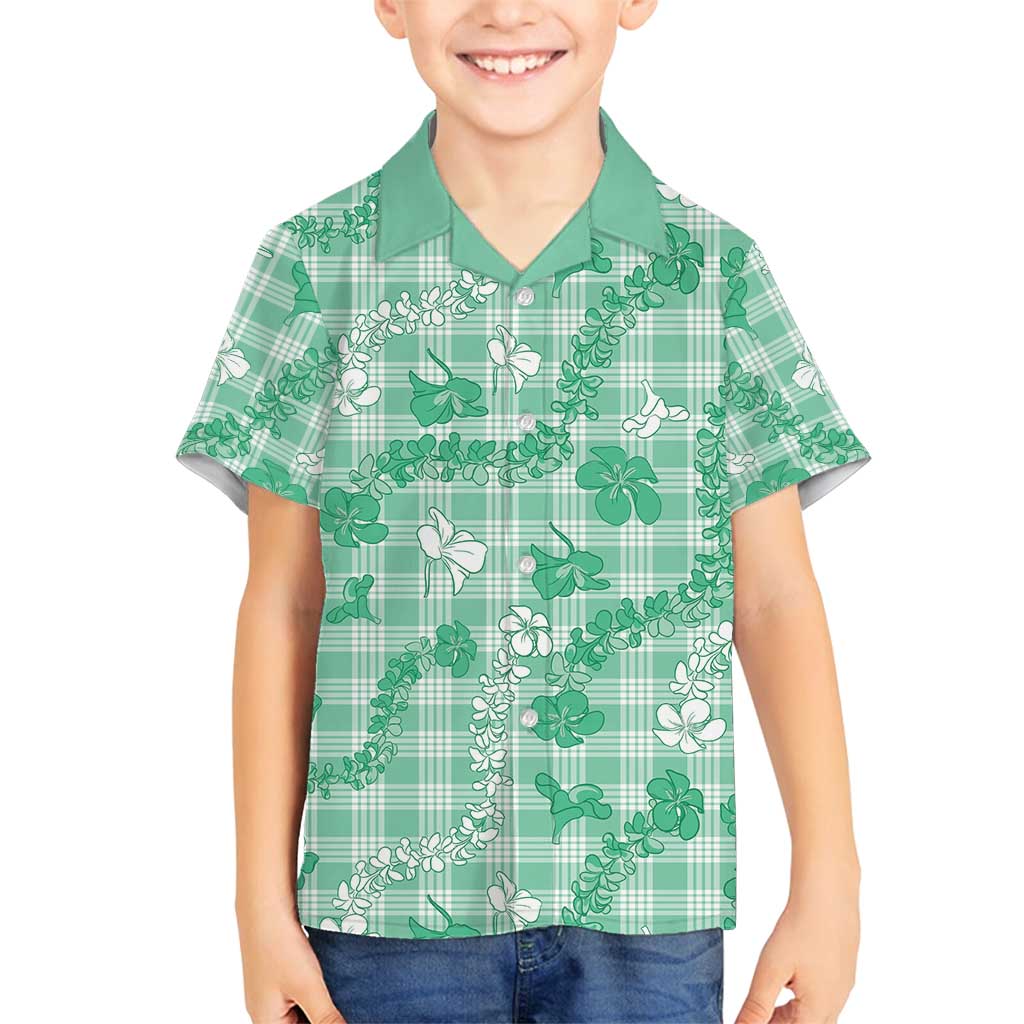 Omaomao Aloha Hawaii Family Matching Off Shoulder Maxi Dress and Hawaiian Shirt Plumeria Lei With Palaka Motif LT14 Son's Shirt Green - Polynesian Pride