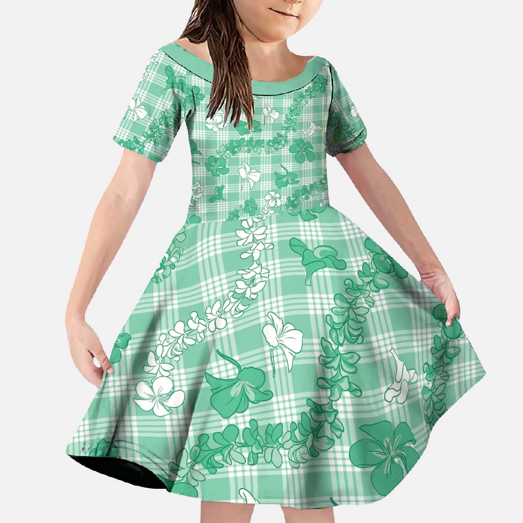 Omaomao Aloha Hawaii Family Matching Short Sleeve Bodycon Dress and Hawaiian Shirt Plumeria Lei With Palaka Motif LT14 Daughter's Dress Green - Polynesian Pride
