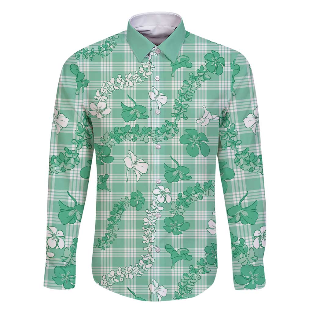 Omaomao Aloha Hawaii Family Matching Short Sleeve Bodycon Dress and Hawaiian Shirt Plumeria Lei With Palaka Motif LT14 Dad's Shirt - Long Sleeve Green - Polynesian Pride