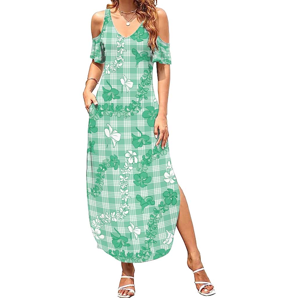 Omaomao Aloha Hawaii Family Matching Summer Maxi Dress and Hawaiian Shirt Plumeria Lei With Palaka Motif LT14 Mom's Dress Green - Polynesian Pride
