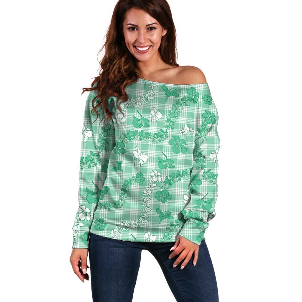 Omaomao Aloha Hawaii Off Shoulder Sweater Plumeria Lei With Palaka Motif - Polynesian Pride