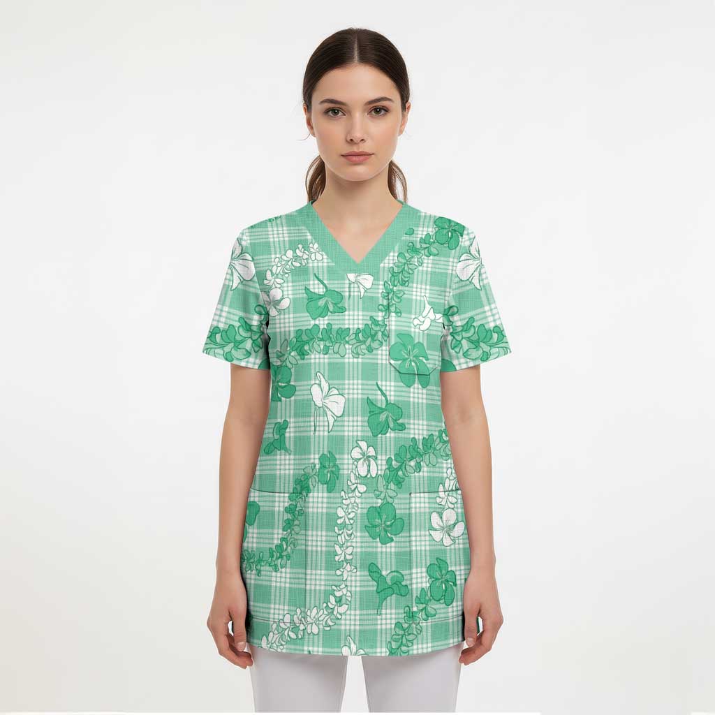 Omaomao Aloha Hawaii Scrub Top Plumeria Lei With Palaka Motif - Polynesian Pride