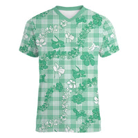 Omaomao Aloha Hawaii Women V-Neck T-Shirt Plumeria Lei With Palaka Motif LT14 Female Green - Polynesian Pride