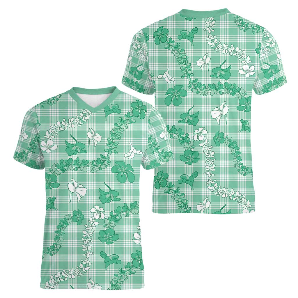 Omaomao Aloha Hawaii Women V-Neck T-Shirt Plumeria Lei With Palaka Motif LT14 - Polynesian Pride