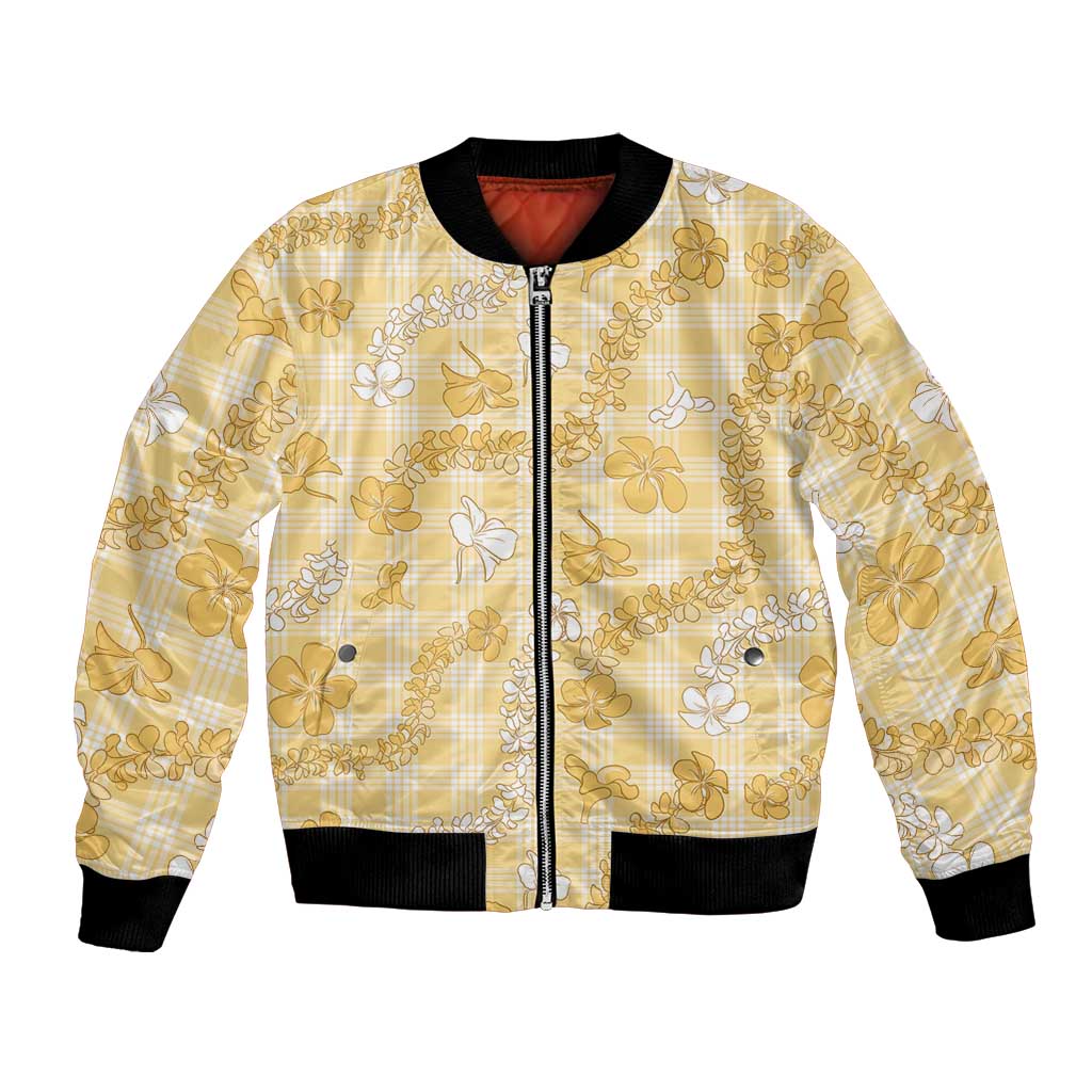 Melemele Aloha Hawaii Bomber Jacket Plumeria Lei With Palaka Motif - Polynesian Pride