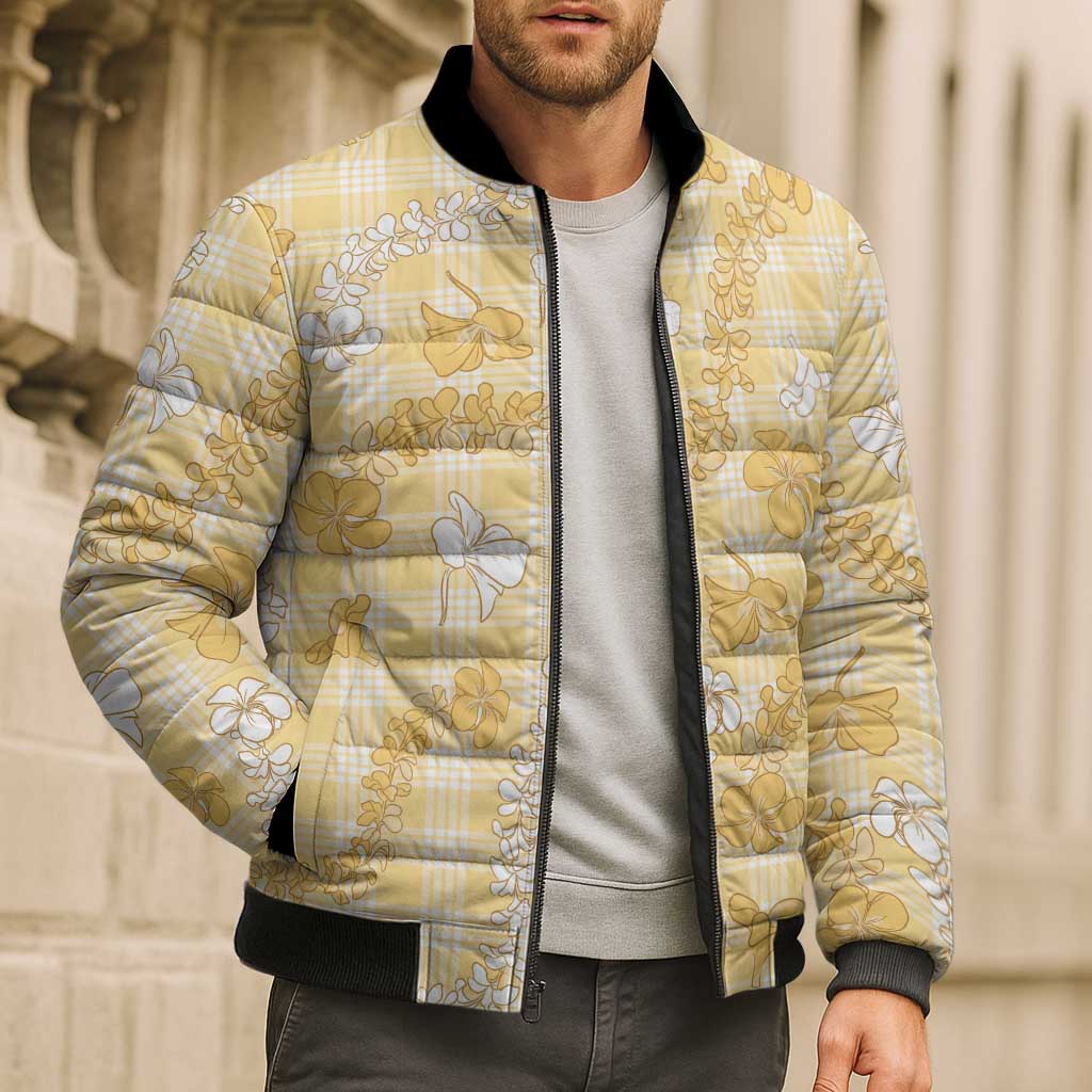 Melemele Aloha Hawaii Bomber Puffer Jacket Plumeria Lei With Palaka Motif - Polynesian Pride