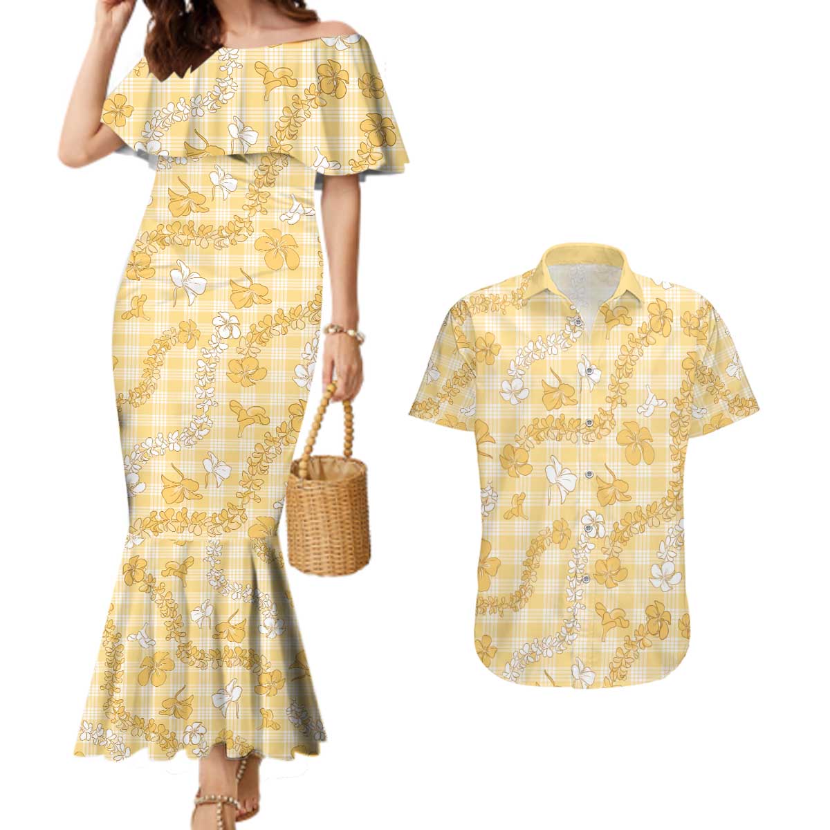 Melemele Aloha Hawaii Couples Matching Mermaid Dress and Hawaiian Shirt Plumeria Lei With Palaka Motif - Polynesian Pride