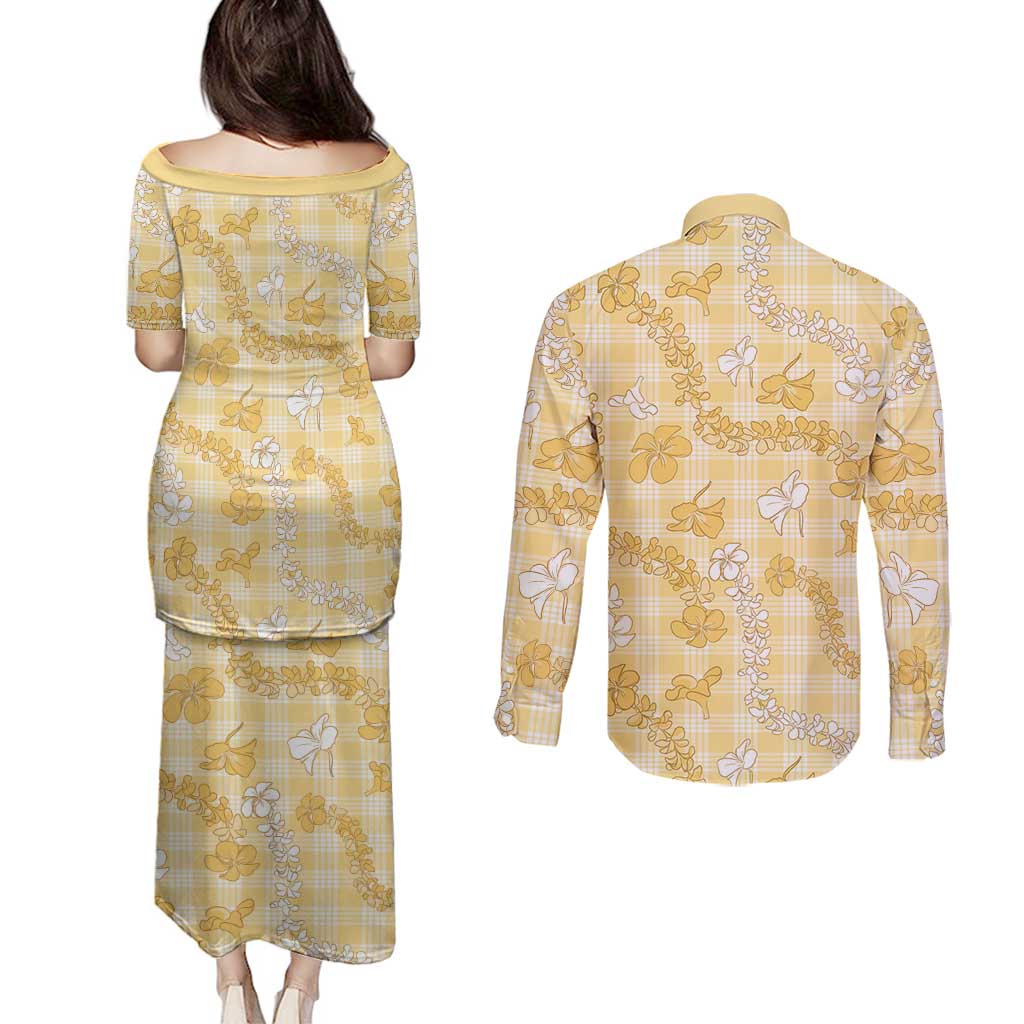 Melemele Aloha Hawaii Couples Matching Puletasi and Long Sleeve Button Shirt Plumeria Lei With Palaka Motif - Polynesian Pride