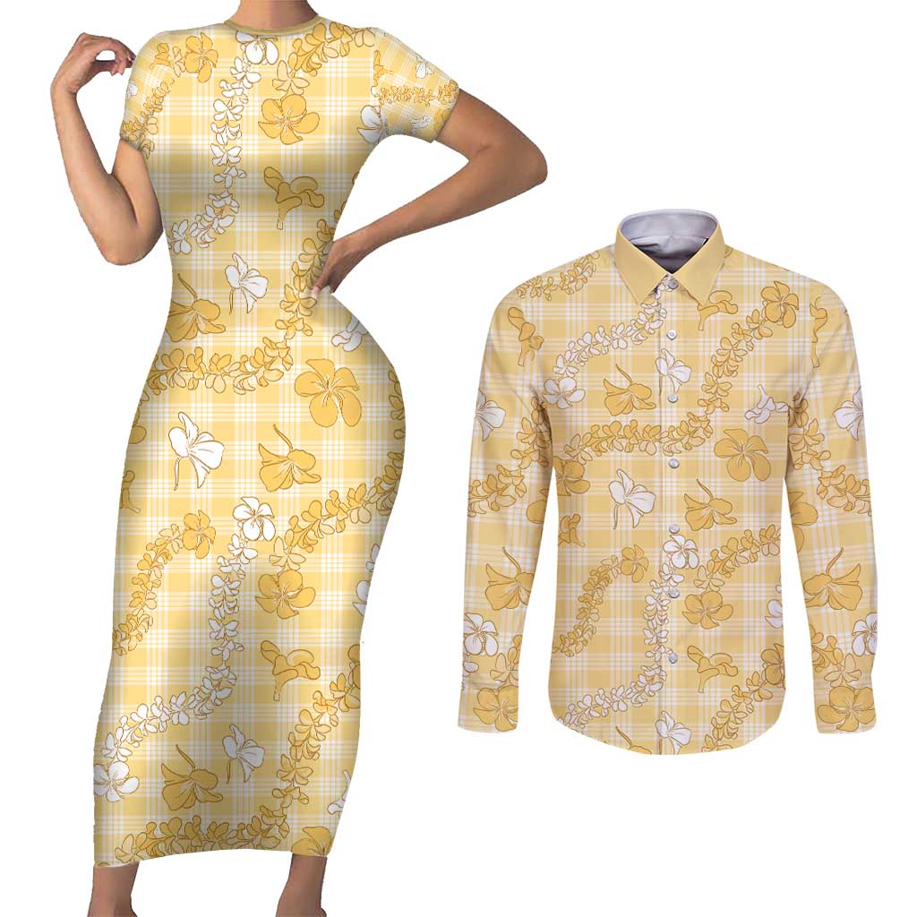 Melemele Aloha Hawaii Couples Matching Short Sleeve Bodycon Dress and Long Sleeve Button Shirt Plumeria Lei With Palaka Motif - Polynesian Pride
