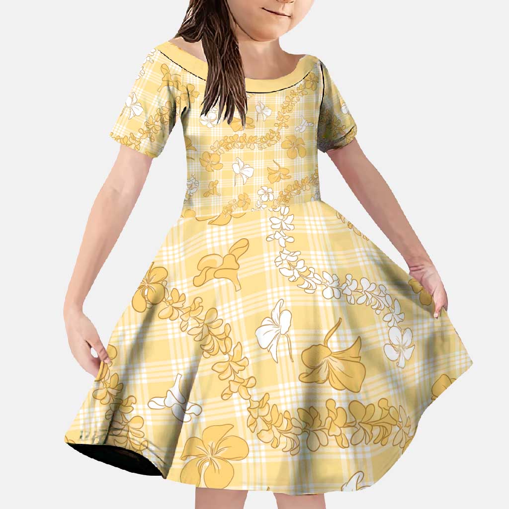 Melemele Aloha Hawaii Family Matching Long Sleeve Bodycon Dress and Hawaiian Shirt Plumeria Lei With Palaka Motif LT14 Daughter's Dress Yellow - Polynesian Pride