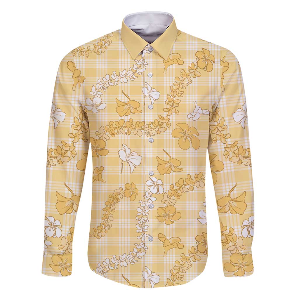 Melemele Aloha Hawaii Family Matching Short Sleeve Bodycon Dress and Hawaiian Shirt Plumeria Lei With Palaka Motif LT14 Dad's Shirt - Long Sleeve Yellow - Polynesian Pride