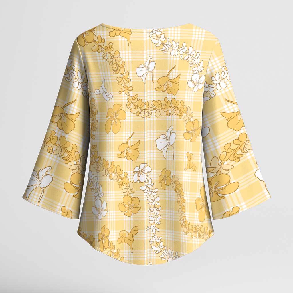 Melemele Aloha Hawaii Kimono Sleeve Blouse Plumeria Lei With Palaka Motif - Polynesian Pride