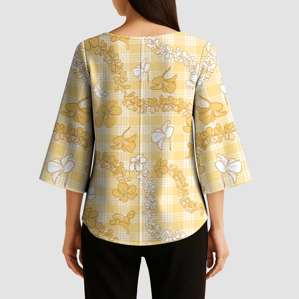 Melemele Aloha Hawaii Kimono Sleeve Blouse Plumeria Lei With Palaka Motif - Polynesian Pride