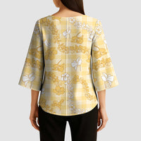 Melemele Aloha Hawaii Kimono Sleeve Blouse Plumeria Lei With Palaka Motif - Polynesian Pride