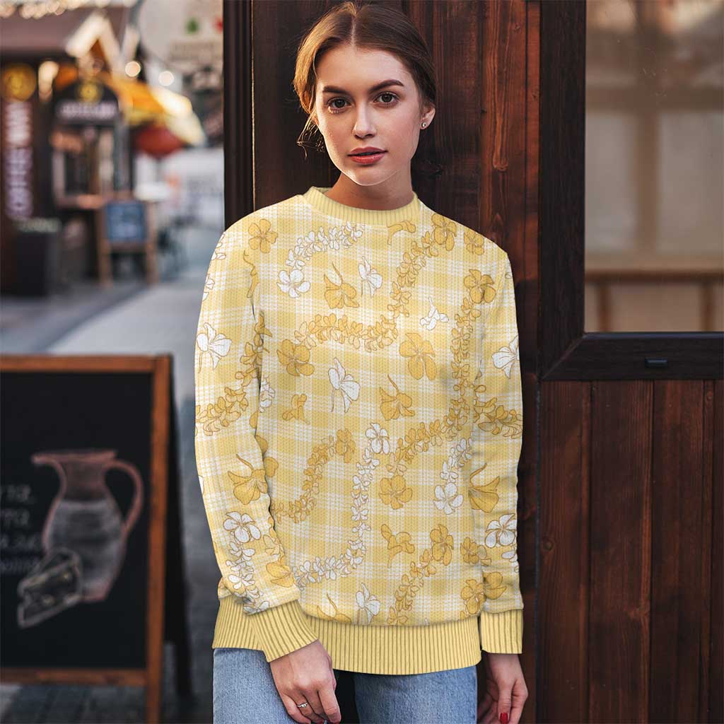 Melemele Aloha Hawaii Ugly Christmas Sweater Plumeria Lei With Palaka Motif - Polynesian Pride