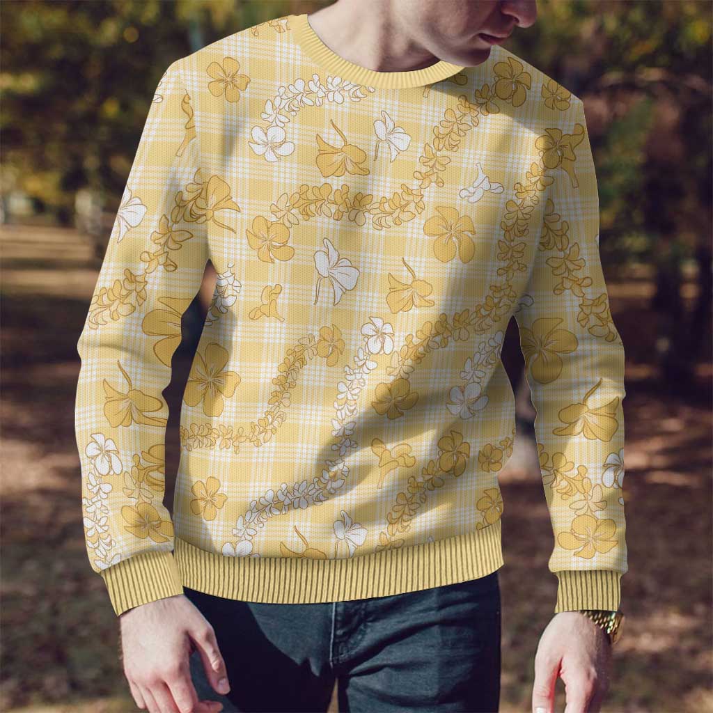 Melemele Aloha Hawaii Ugly Christmas Sweater Plumeria Lei With Palaka Motif - Polynesian Pride