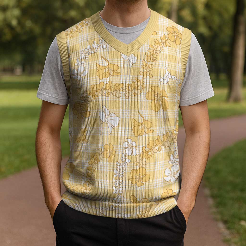 Melemele Aloha Hawaii Christmas Knitted V-Neck Vest Plumeria Lei With Palaka Motif - Polynesian Pride