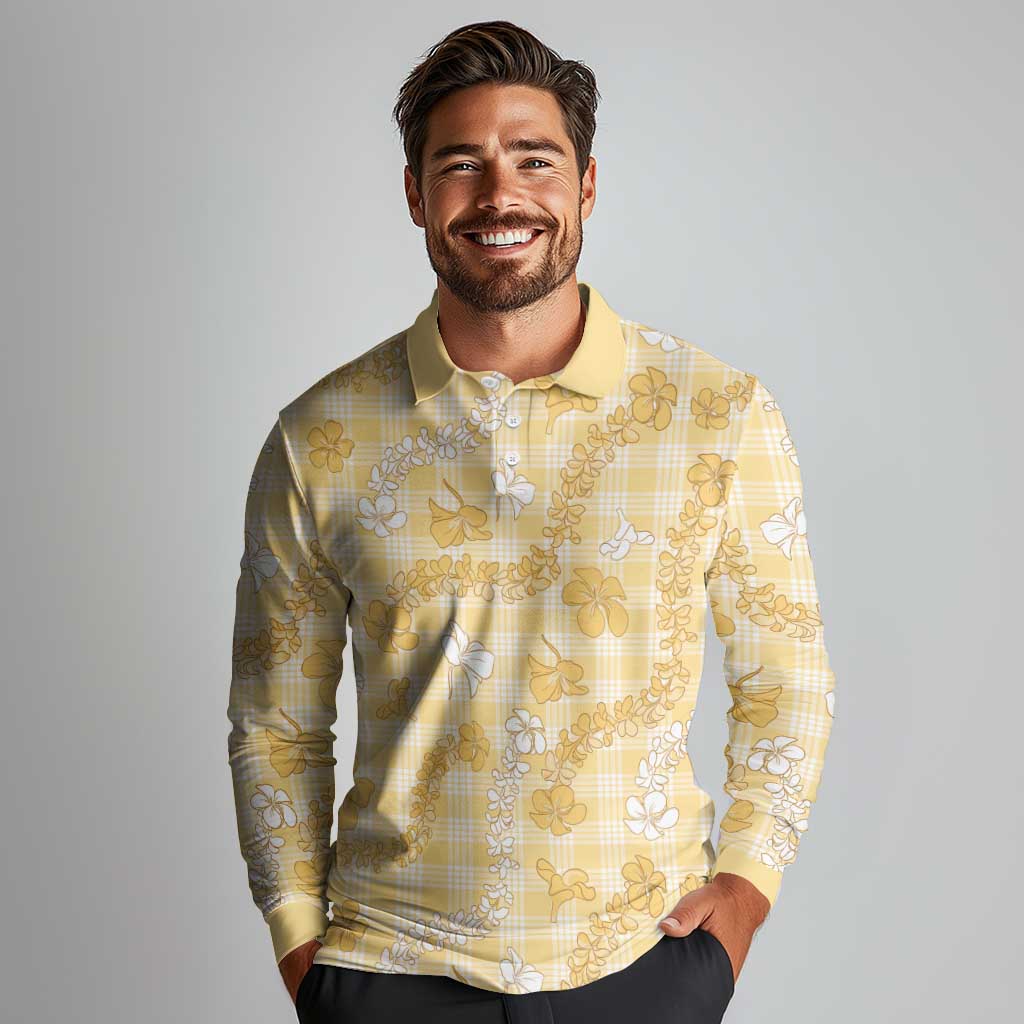 Melemele Aloha Hawaii Long Sleeve Polo Shirt Plumeria Lei With Palaka Motif - Polynesian Pride