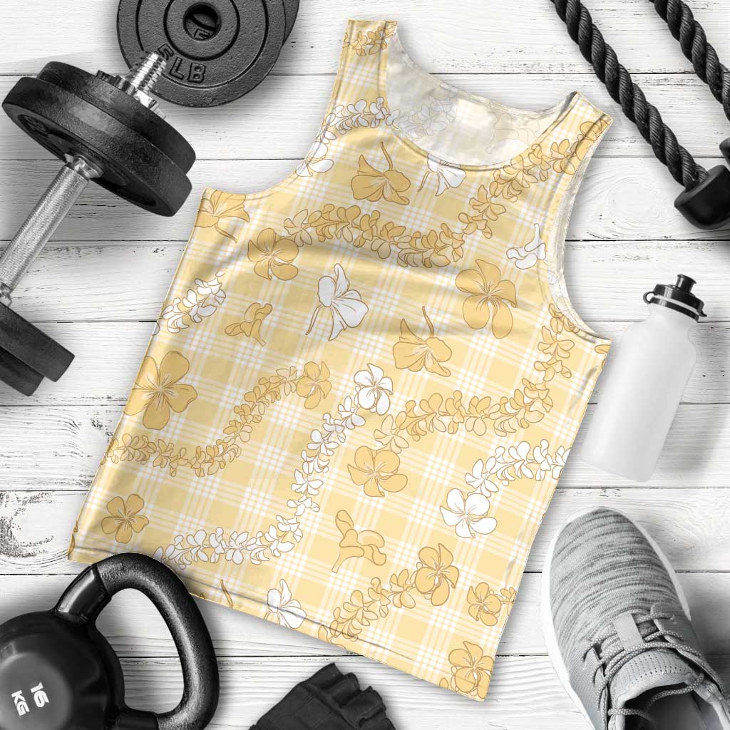 Melemele Aloha Hawaii Men Tank Top Plumeria Lei With Palaka Motif - Polynesian Pride