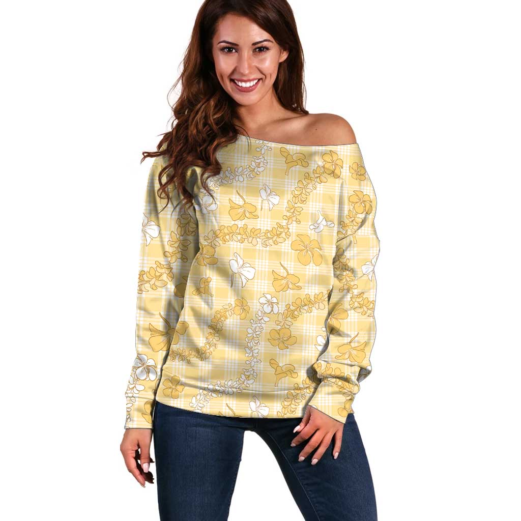 Melemele Aloha Hawaii Off Shoulder Sweater Plumeria Lei With Palaka Motif - Polynesian Pride