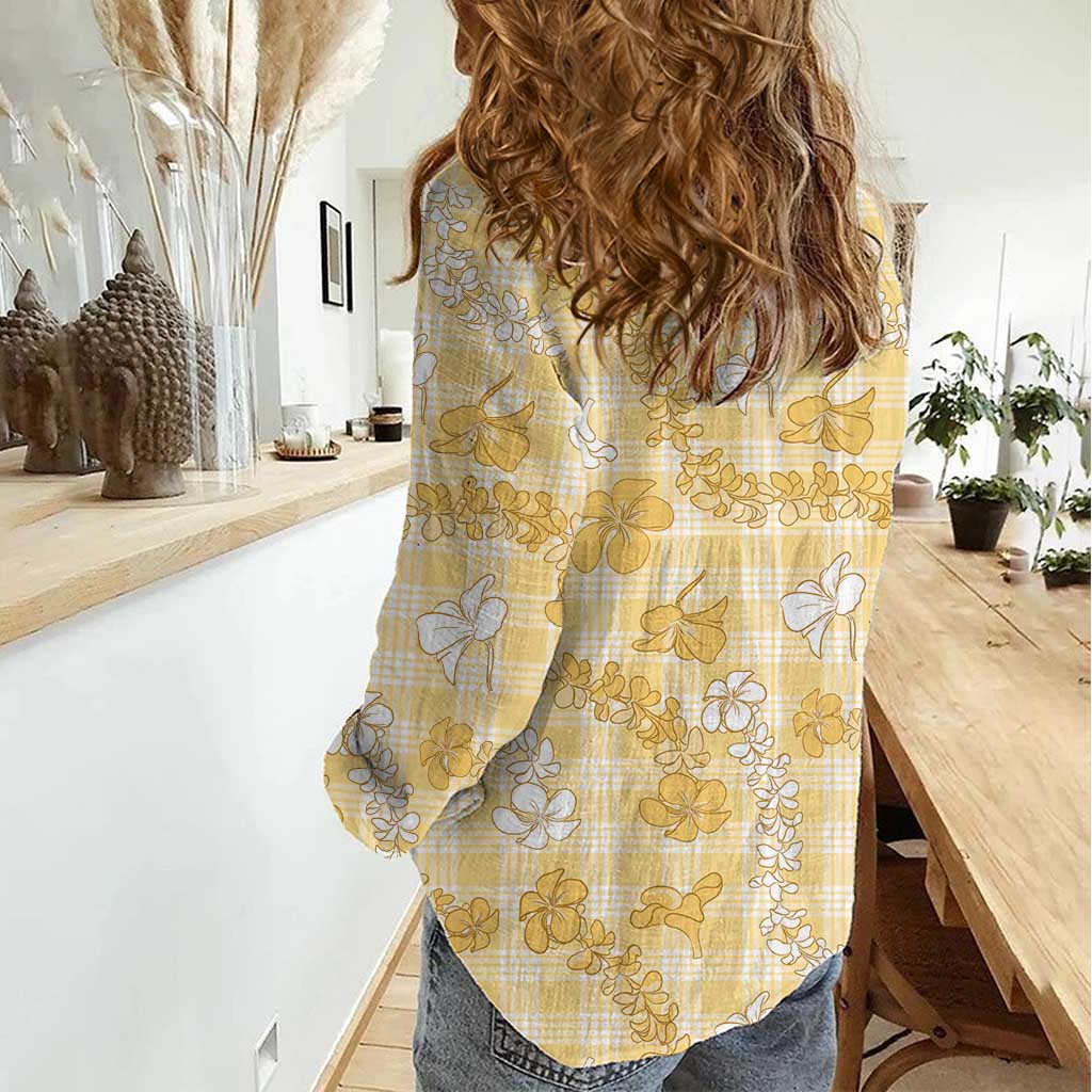 Melemele Aloha Hawaii Women Casual Shirt Plumeria Lei With Palaka Motif - Polynesian Pride