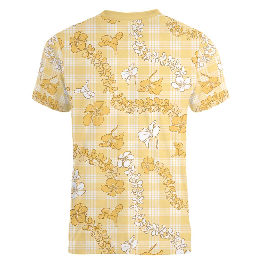 Melemele Aloha Hawaii Women V-Neck T-Shirt Plumeria Lei With Palaka Motif - Polynesian Pride