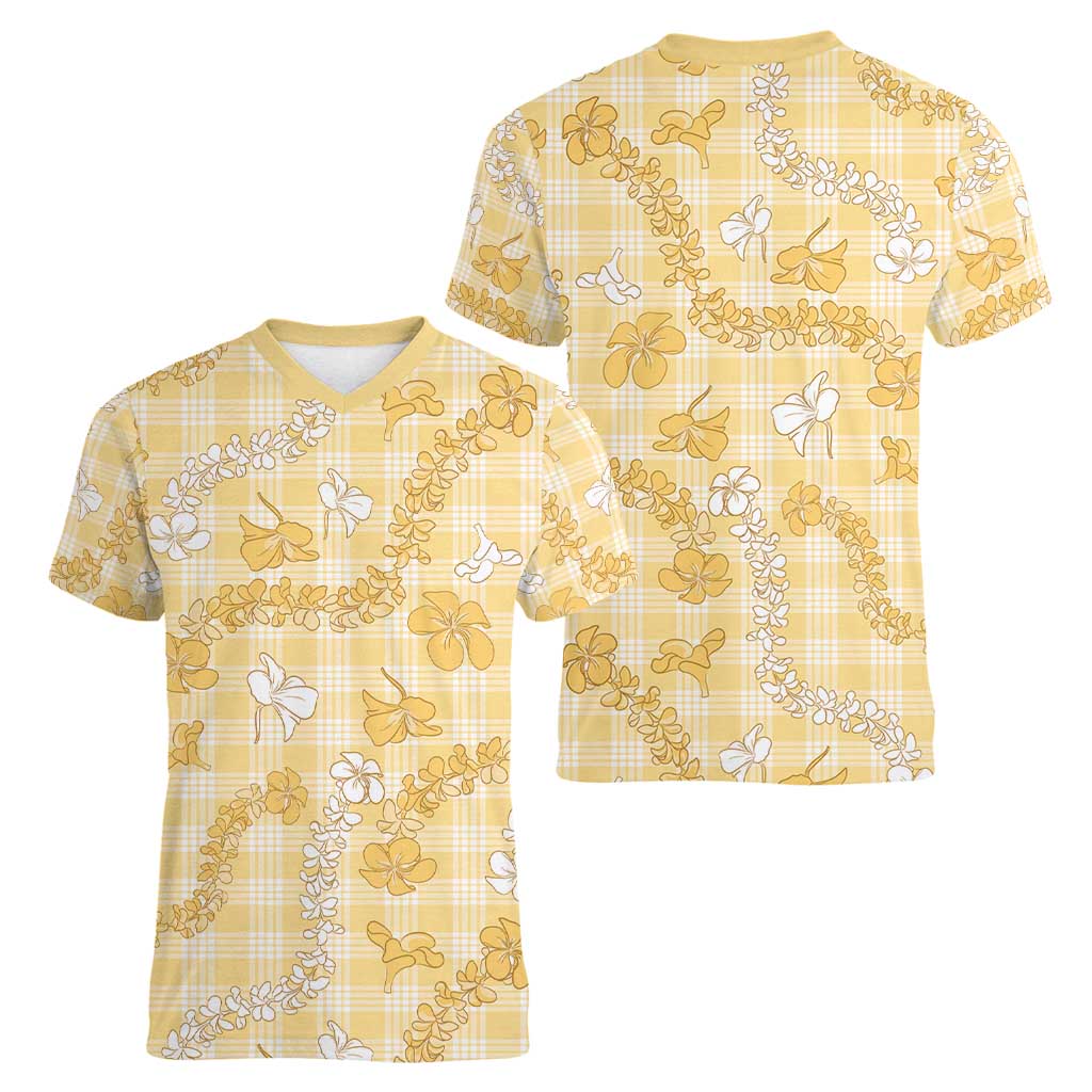 Melemele Aloha Hawaii Women V-Neck T-Shirt Plumeria Lei With Palaka Motif - Polynesian Pride