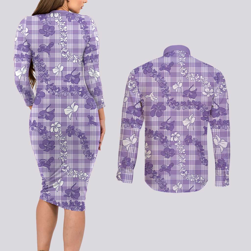Poni Aloha Hawaii Couples Matching Long Sleeve Bodycon Dress and Long Sleeve Button Shirt Plumeria Lei With Palaka Motif - Polynesian Pride