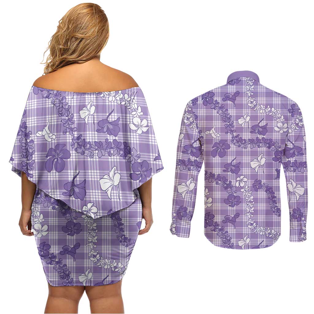 Poni Aloha Hawaii Couples Matching Off Shoulder Short Dress and Long Sleeve Button Shirt Plumeria Lei With Palaka Motif - Polynesian Pride