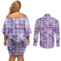 Poni Aloha Hawaii Couples Matching Off Shoulder Short Dress and Long Sleeve Button Shirt Plumeria Lei With Palaka Motif - Polynesian Pride