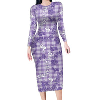 Poni Aloha Hawaii Family Matching Long Sleeve Bodycon Dress and Hawaiian Shirt Plumeria Lei With Palaka Motif LT14 Mom's Dress Purple - Polynesian Pride