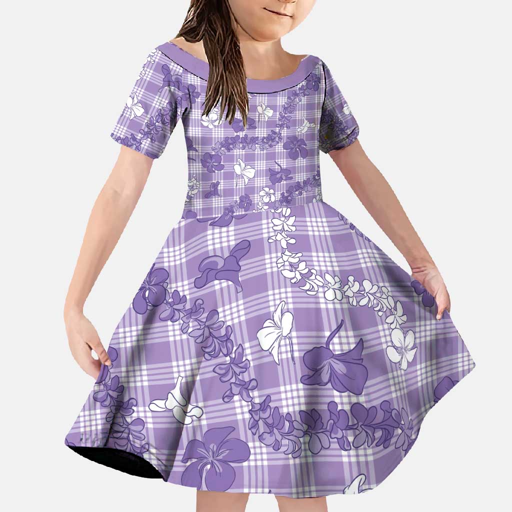 Poni Aloha Hawaii Family Matching Mermaid Dress and Hawaiian Shirt Plumeria Lei With Palaka Motif LT14 Daughter's Dress Purple - Polynesian Pride