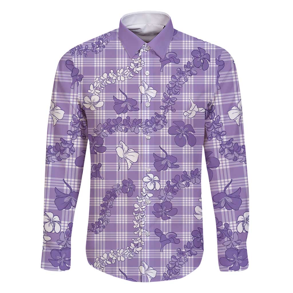 Poni Aloha Hawaii Family Matching Mermaid Dress and Hawaiian Shirt Plumeria Lei With Palaka Motif LT14 Dad's Shirt - Long Sleeve Purple - Polynesian Pride