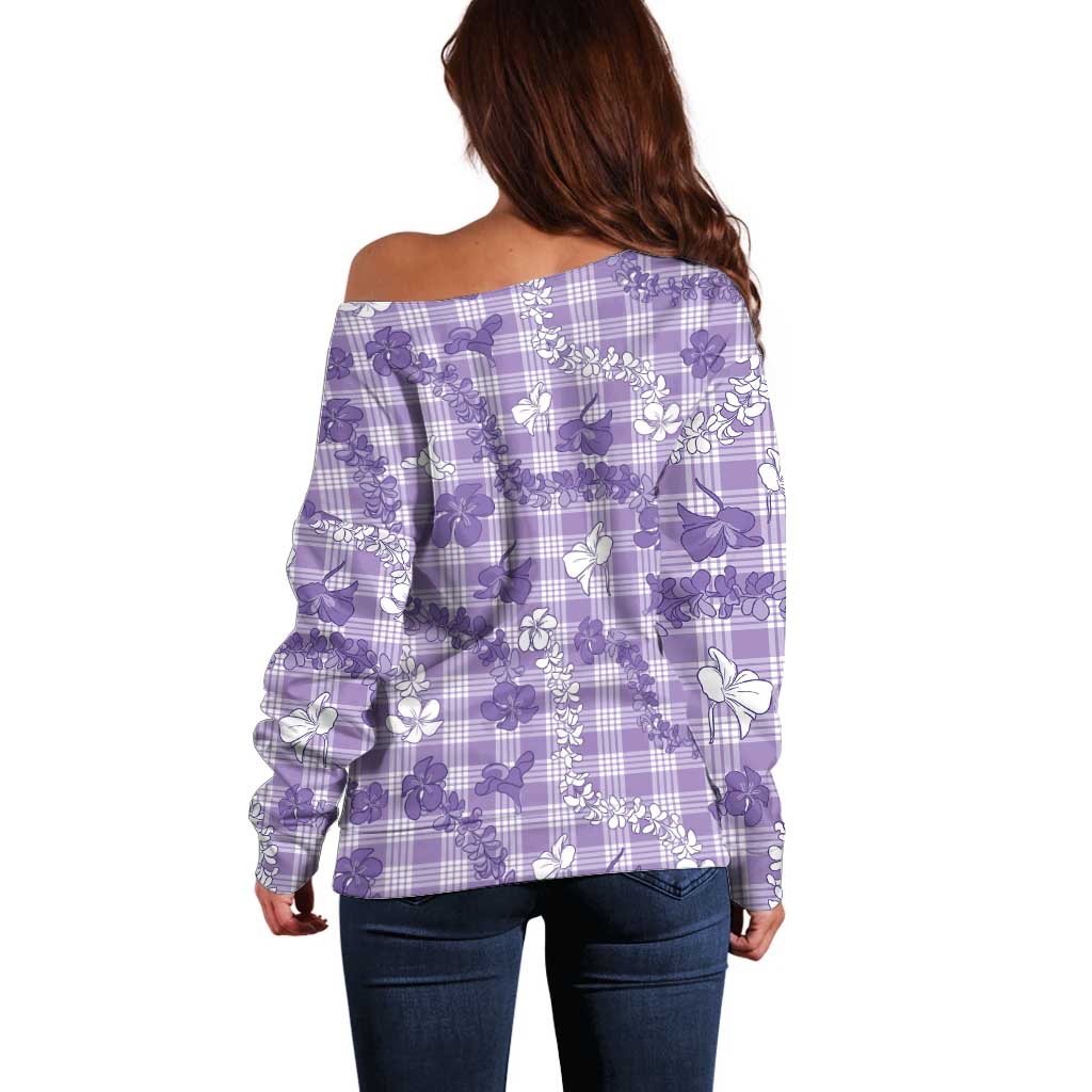 Poni Aloha Hawaii Off Shoulder Sweater Plumeria Lei With Palaka Motif - Polynesian Pride
