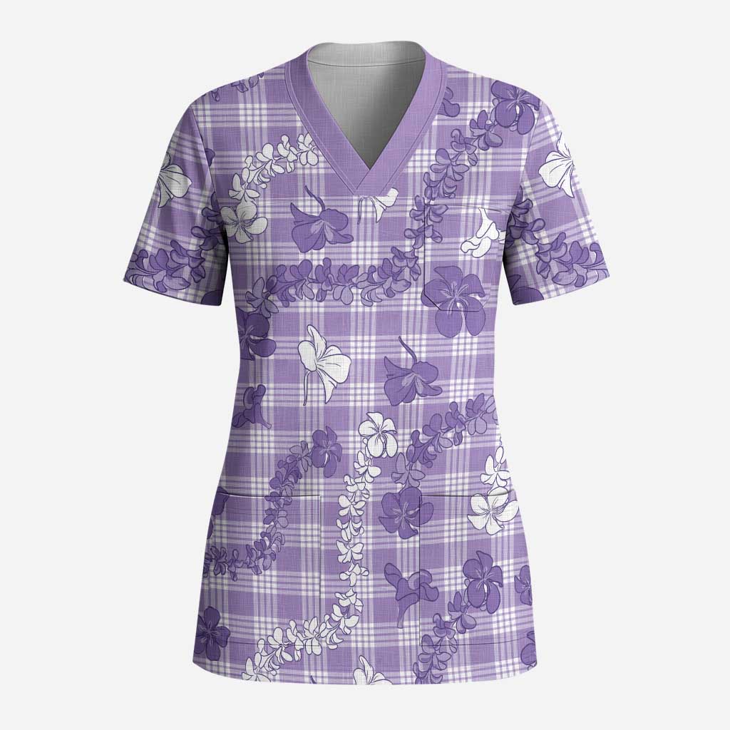Poni Aloha Hawaii Scrub Top Plumeria Lei With Palaka Motif - Polynesian Pride