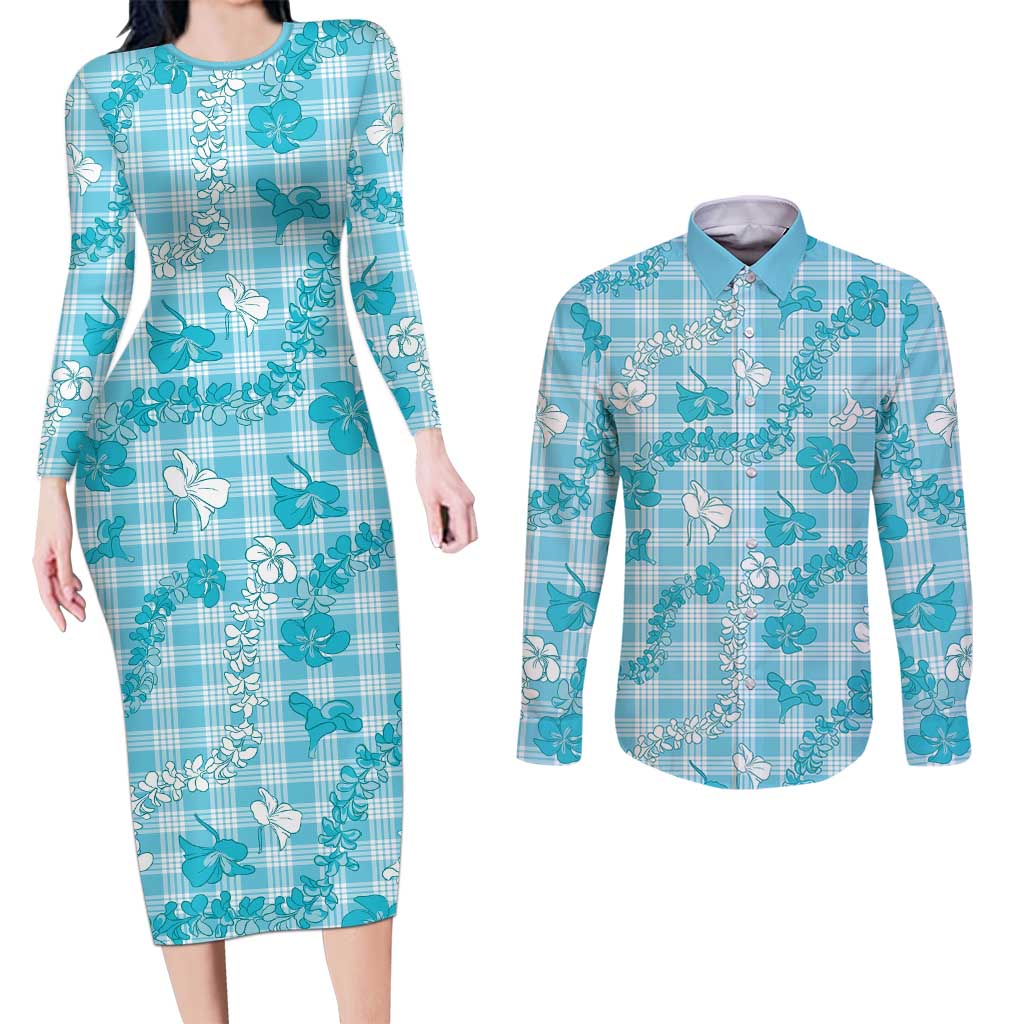 Polu Aloha Hawaii Couples Matching Long Sleeve Bodycon Dress and Long Sleeve Button Shirt Plumeria Lei With Palaka Motif LT14 Blue - Polynesian Pride