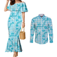 Polu Aloha Hawaii Couples Matching Mermaid Dress and Long Sleeve Button Shirt Plumeria Lei With Palaka Motif LT14 Blue - Polynesian Pride