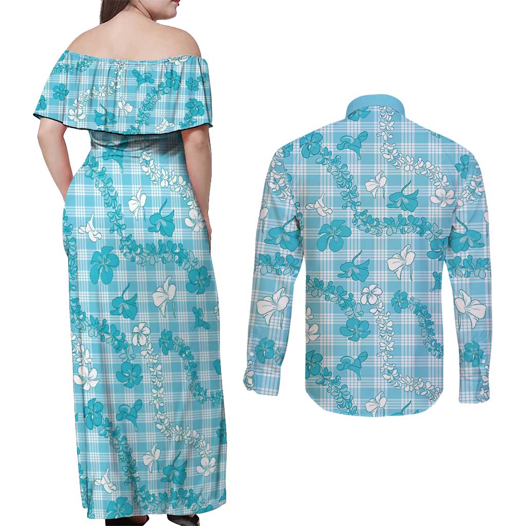 Polu Aloha Hawaii Couples Matching Off Shoulder Maxi Dress and Long Sleeve Button Shirt Plumeria Lei With Palaka Motif - Polynesian Pride